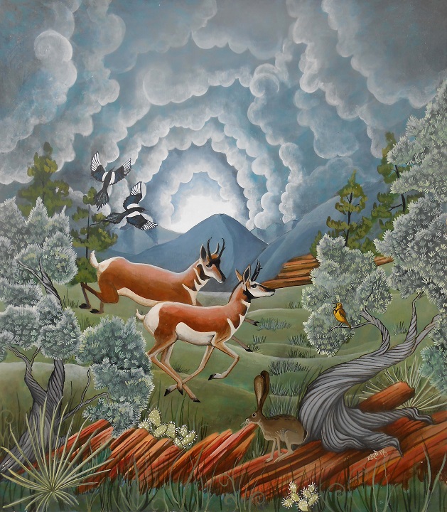 Vivid drawing with hare in foreground, meadowlark in tree beside it. Behind that are two pronghorn running with magpies flying over them, rolling hills with mountains behind. Layers of dark clouds overhead, bright sky in far distance