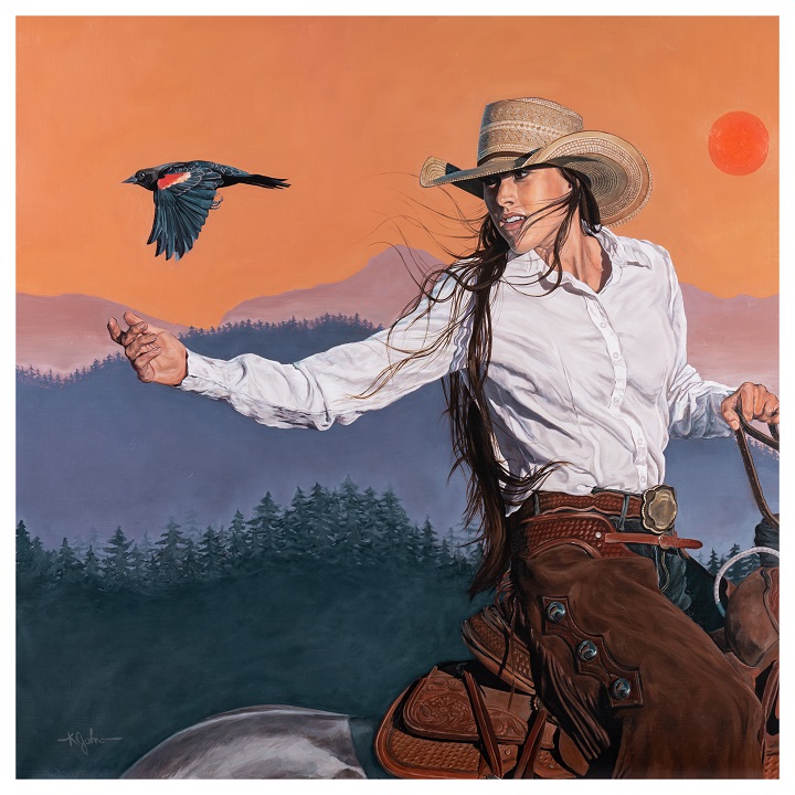 woman with long brown hair wears white shirt and brown suede chaps and straw hat. She sits on a horse, holding the reins and turns back with arm outstretched to watch a red-wing blackbird flying the opposite direction
